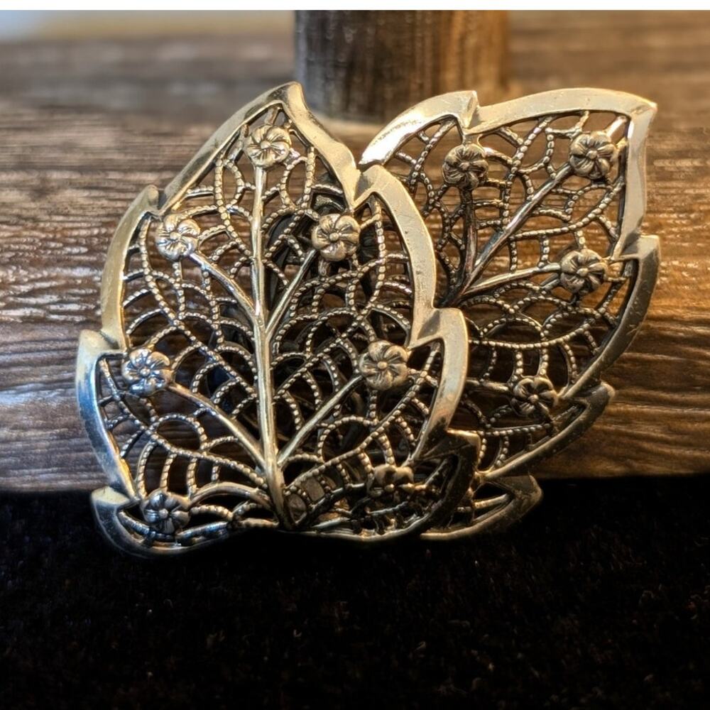 Vintage Signed Beau Sterling Filigree Leaves Floral Pin Brooch